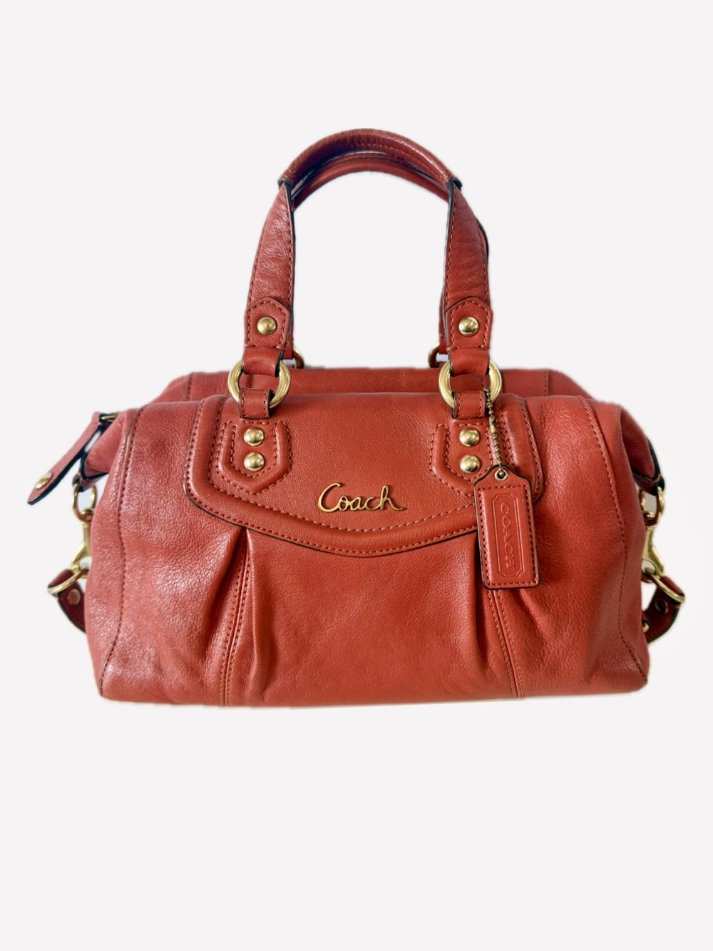 Coach Ashley Leather Handbag F19247 Red Orange Gold Convertible Straps